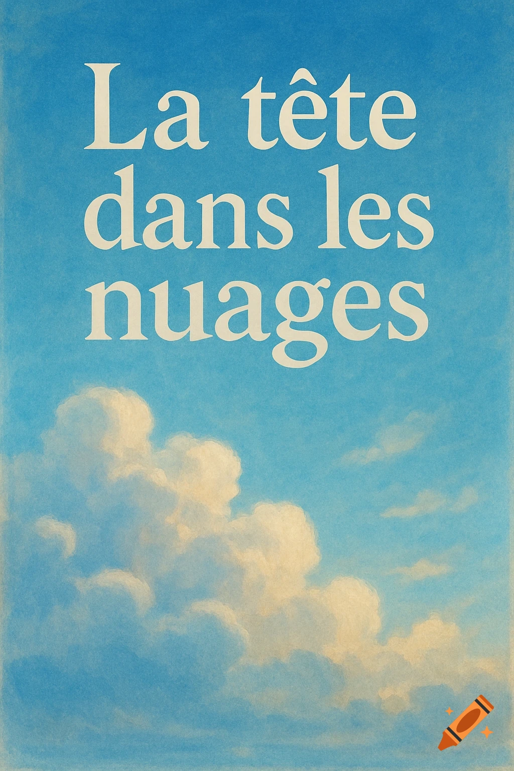 White text 'La tête dans les nuages' on a textured blue sky with fluffy white and yellow clouds at the bottom.