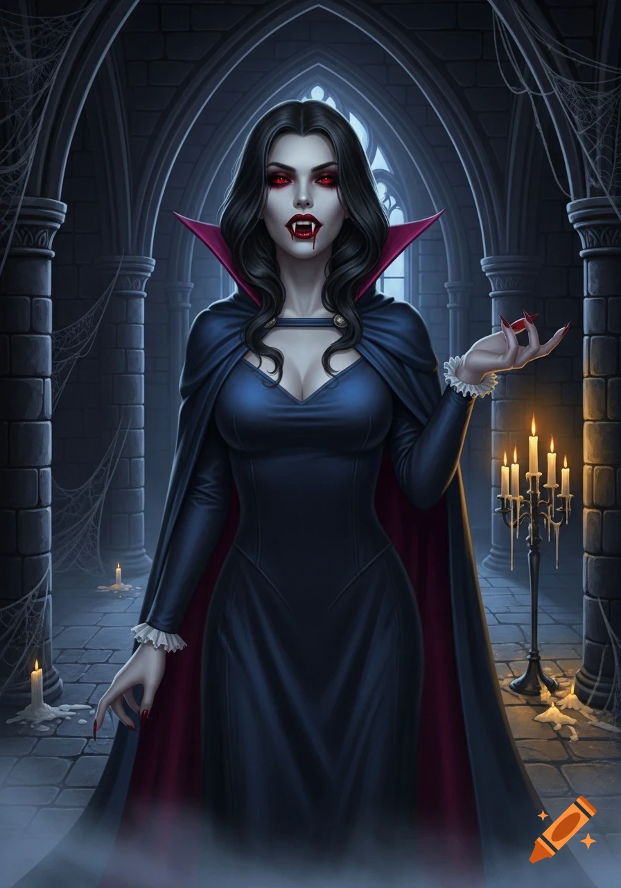 A female vampire with long dark hair, red eyes, and fangs, wearing a dark blue dress and red-lined cape, stands in a gothic castle with candles and spiderwebs.