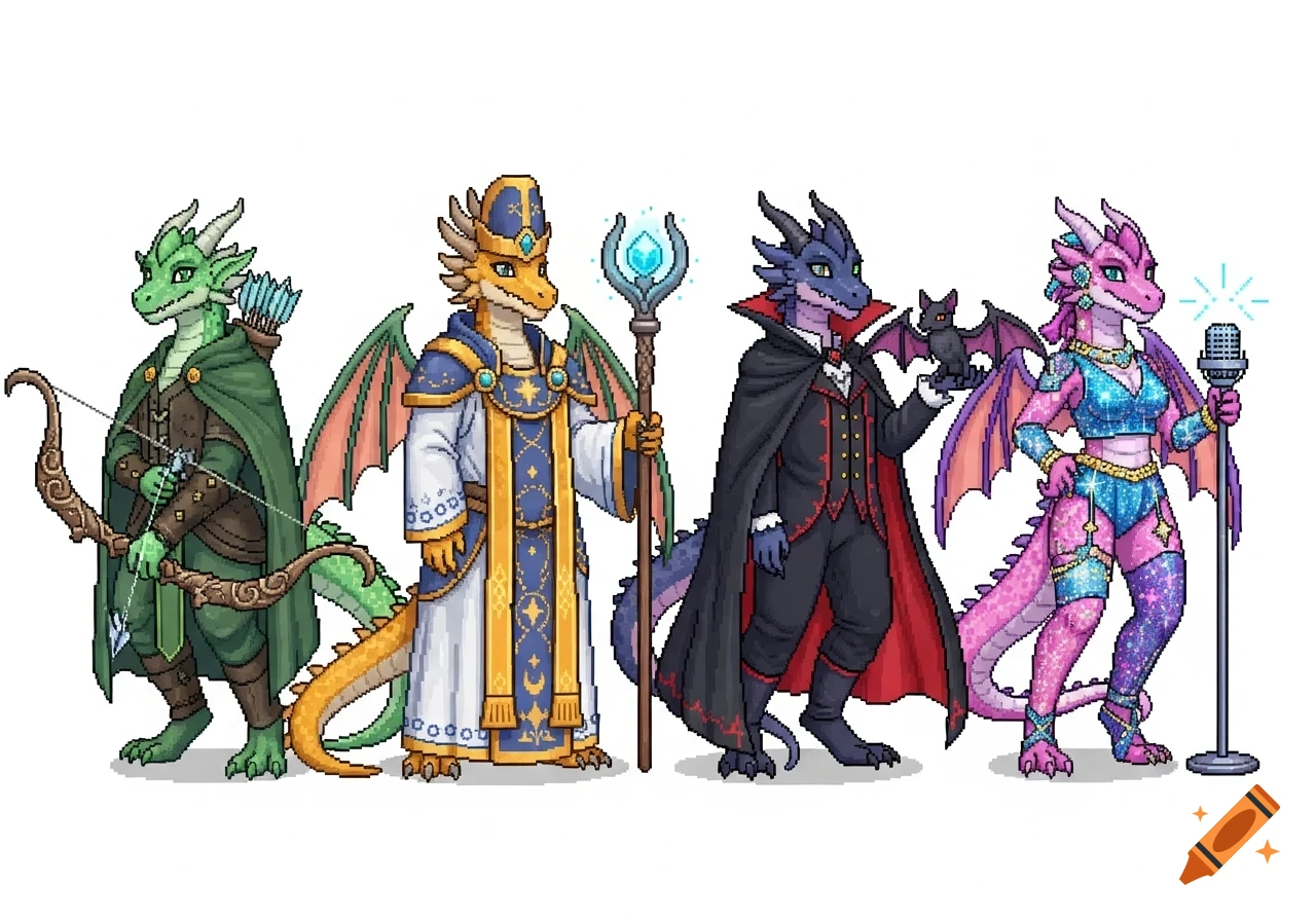 Pixel art of four anthropomorphic dragons on a white background, dressed as a forest elf, cleric, vampire, and pop star.