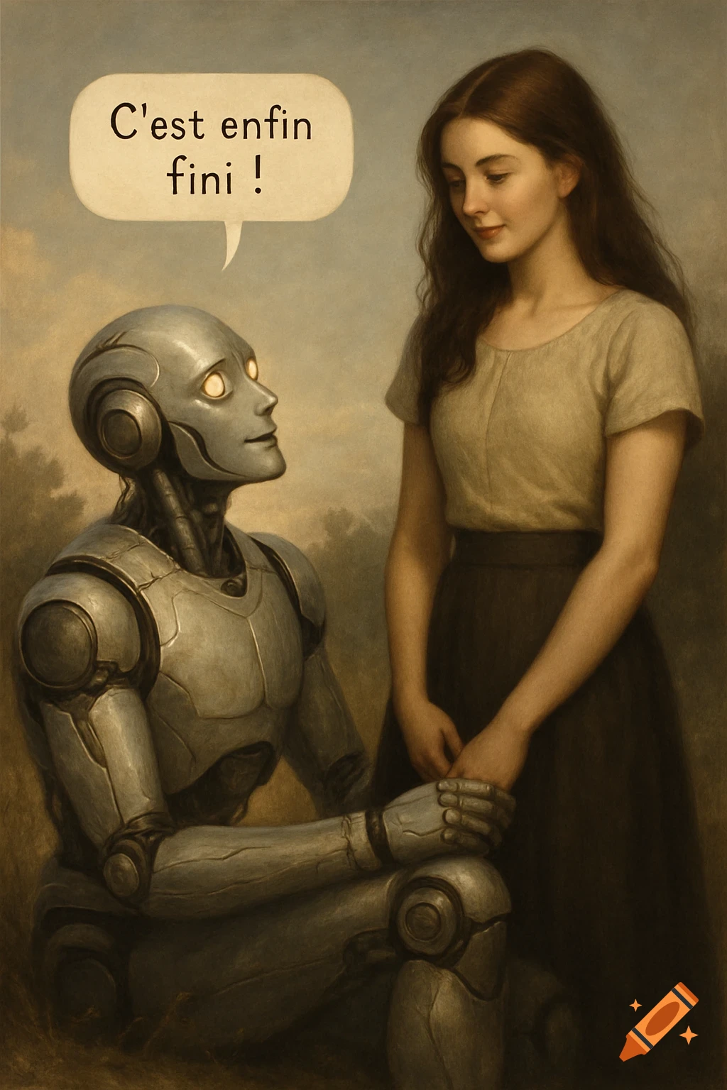 A realistic painting of a robot kneeling before a girl, holding her hand, with a speech bubble 'C'est enfin fini!'.