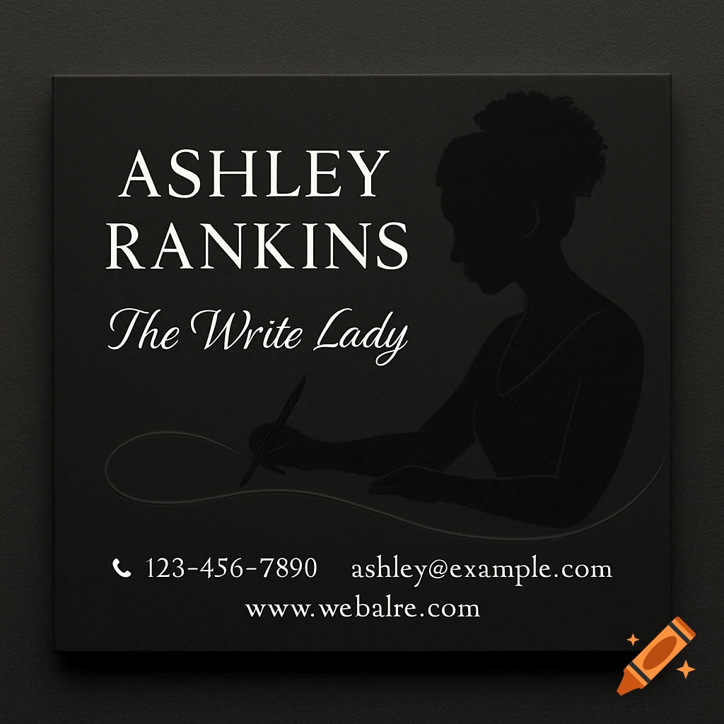 Minimalist black business card with a white silhouette of a woman writing, featuring the name Ashley Rankins and contact details.