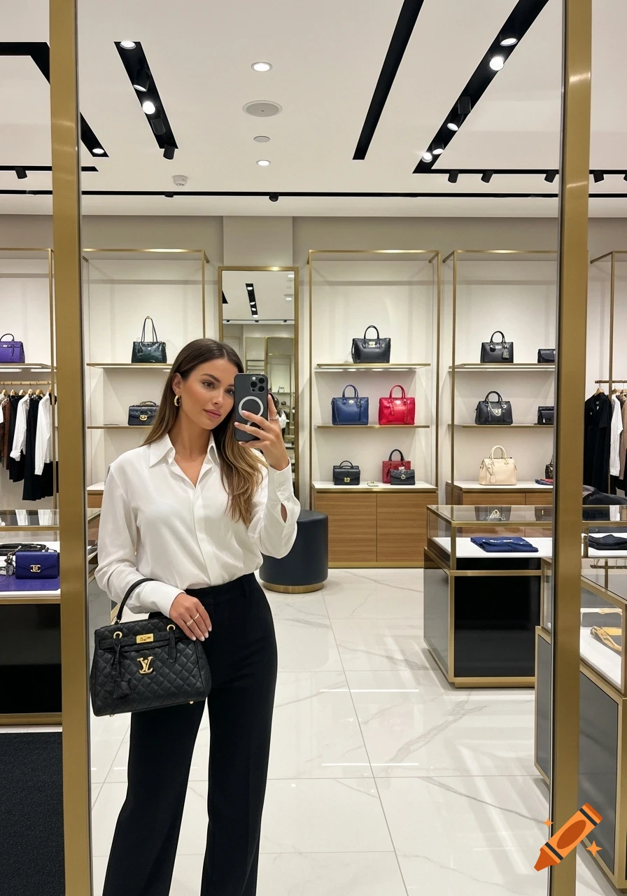 Woman in a white shirt and black pants takes a mirror selfie in a luxury boutique, holding a black quilted handbag.