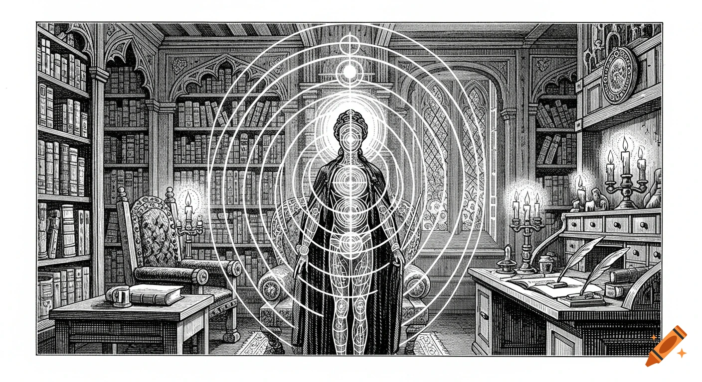 Black and white Victorian engraving of a figure with concentric energy layers in a richly detailed study with bookshelves and candles.
