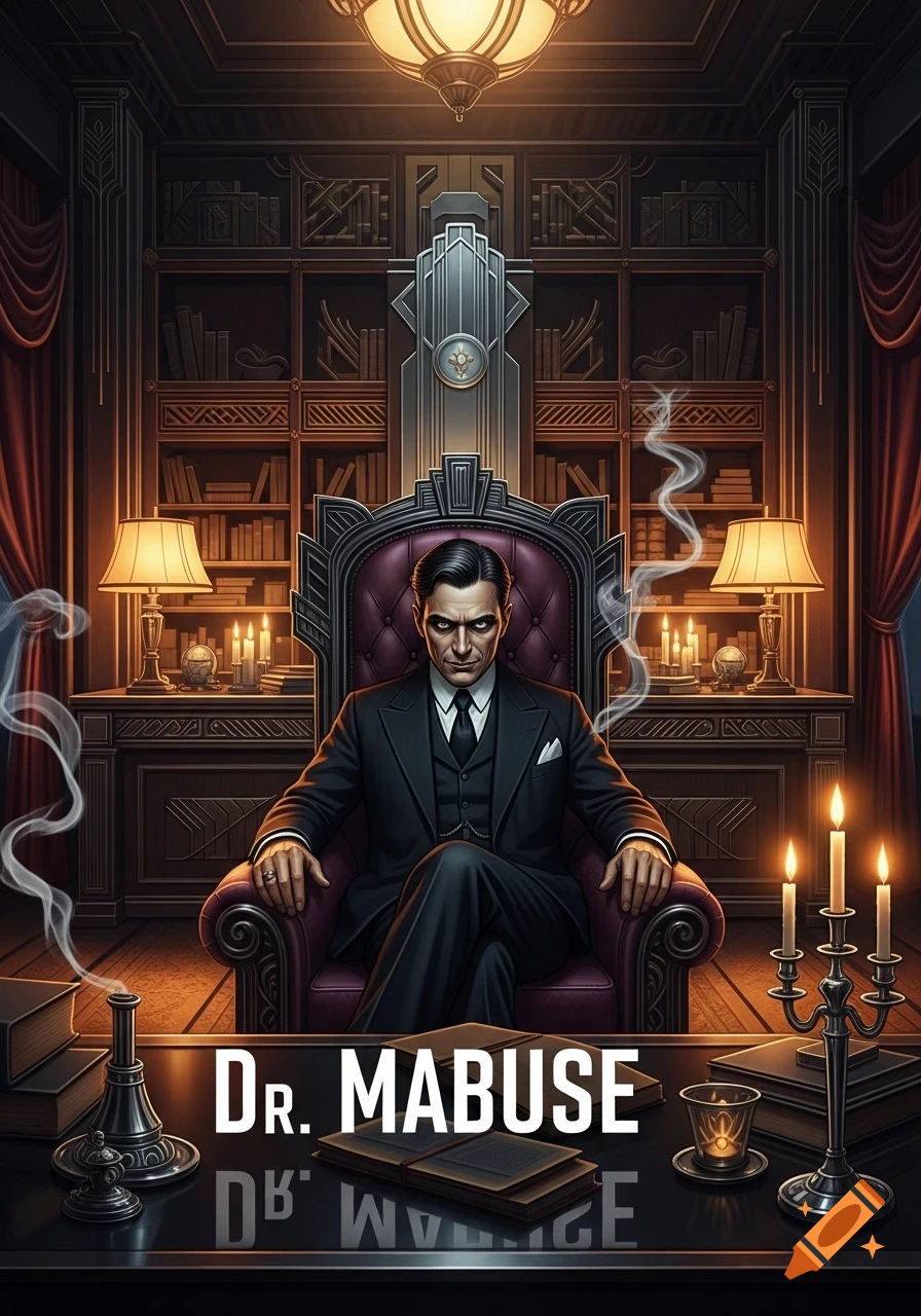 A mysterious man in a dark suit sits in an ornate Art Deco room, lit by lamps and candles, with 'DR. MABUSE' text below.