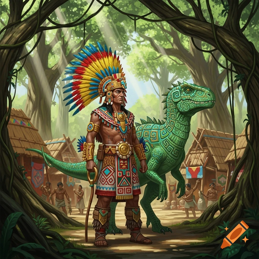 An Aztec-like chief in a feathered headdress stands with a patterned green dinosaur pet in a lush jungle village.