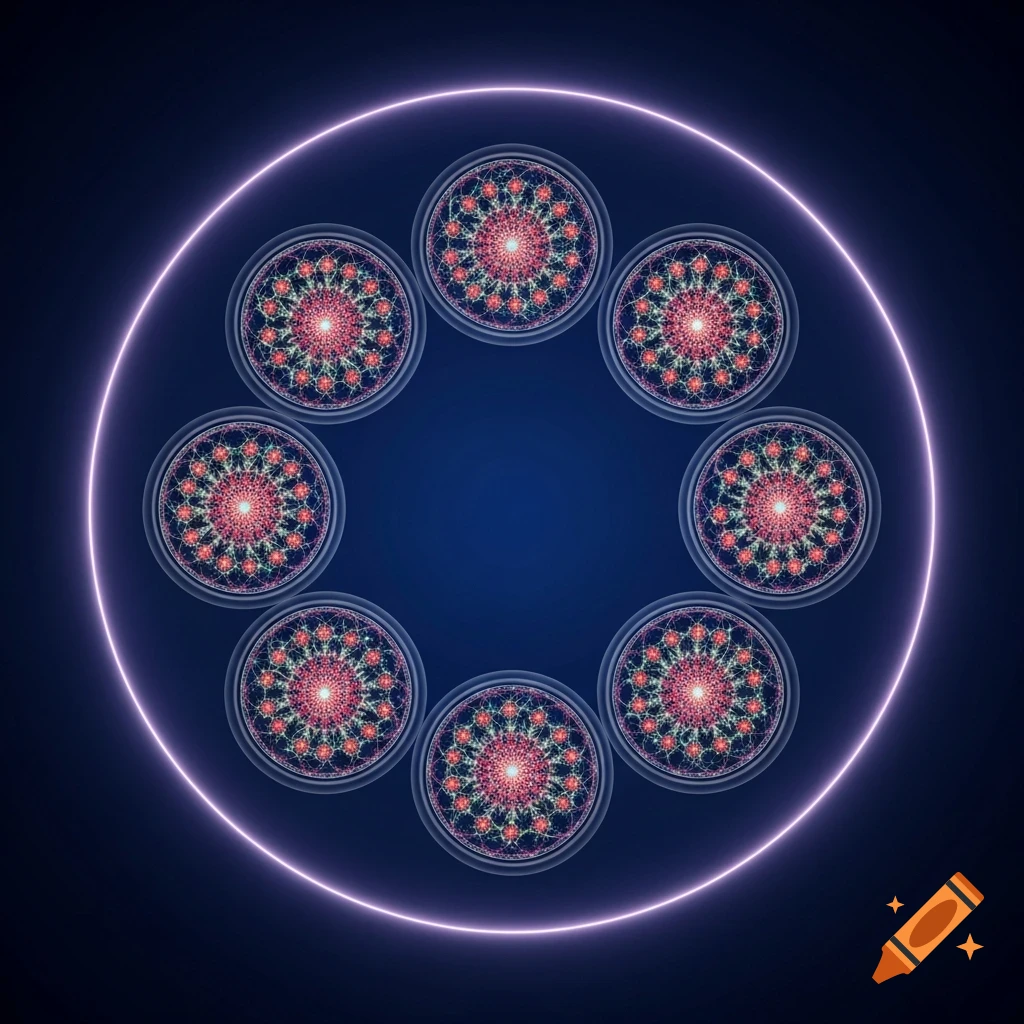 Eight ornate, symmetrical mandala-like patterns within circles, arranged in a larger glowing neon purple ring on a deep blue background.