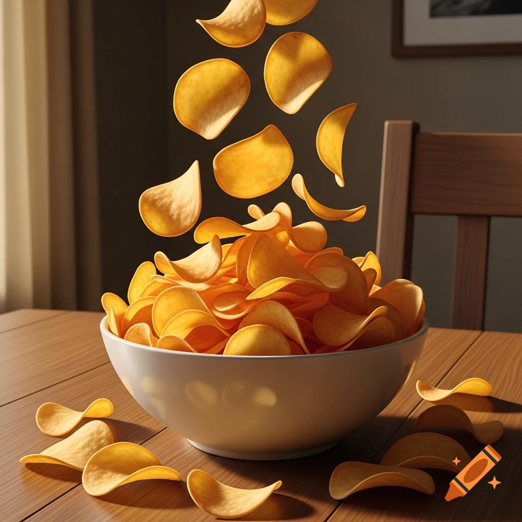 Photorealistic image of a white bowl overflowing with golden potato chips on a wooden table, with more chips falling into it.