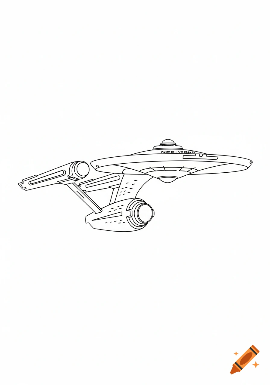 A black and white line art sketch of the Star Trek USS Enterprise NCC-1701-D spaceship.