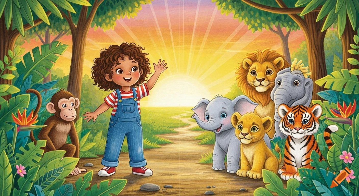 A colorful, childlike illustration of a girl waving on a jungle path with cartoon animals like a monkey, elephants, a lion, and a tiger at sunset.