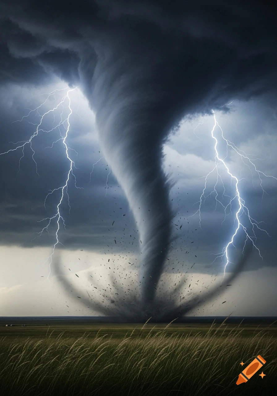 A powerful tornado rips through a green field under a dark, stormy sky with multiple bolts of lightning.