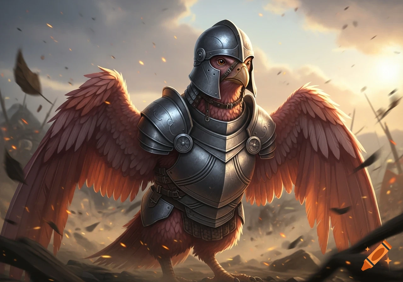 A red-feathered bird in a steel helmet and knight's armor with wings spread, standing on a battleground at sunset.