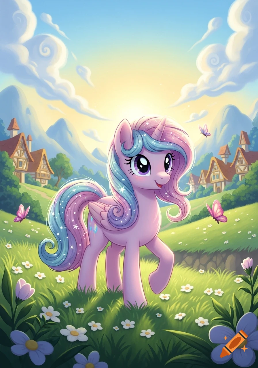 A pink unicorn with sparkling pastel mane stands in a flower field with houses and mountains under a sunny sky in a cartoon style.