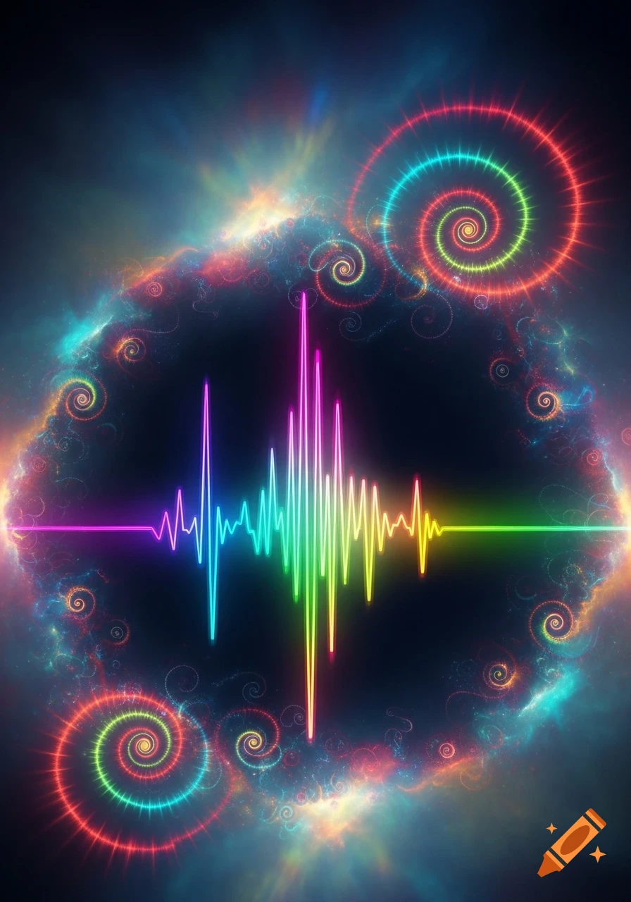 Rainbow-colored pulse wave and psychedelic glowing spirals against a dark, cosmic background.