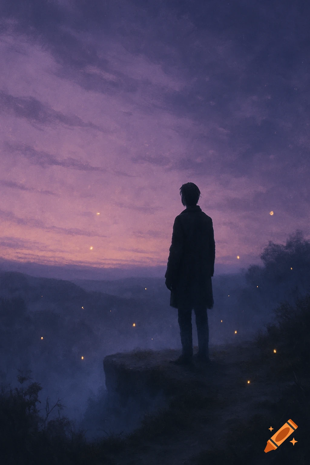 A solitary figure in silhouette stands on a cliff edge, gazing over a misty valley under a purple and orange twilight sky with glowing specks.