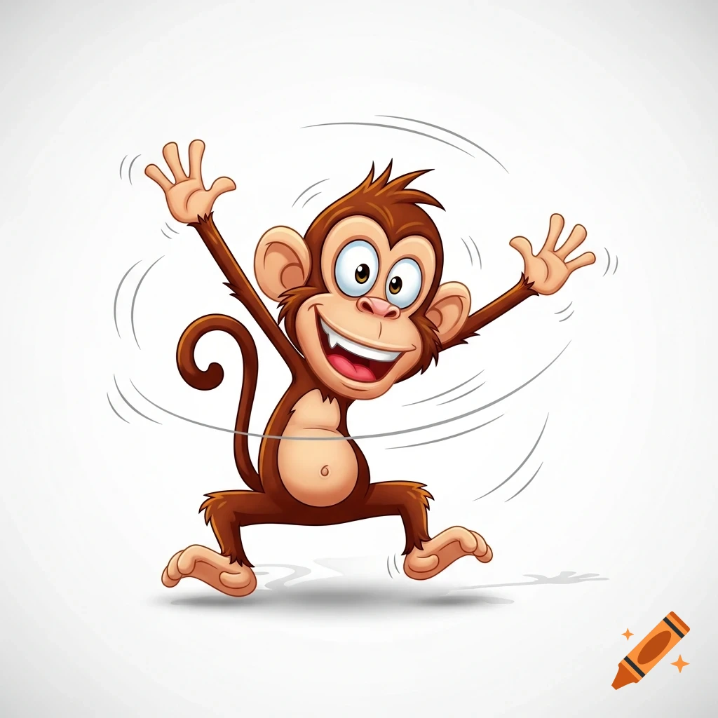 A happy brown cartoon monkey with large eyes and a big smile, spinning with arms outstretched, against a white background.