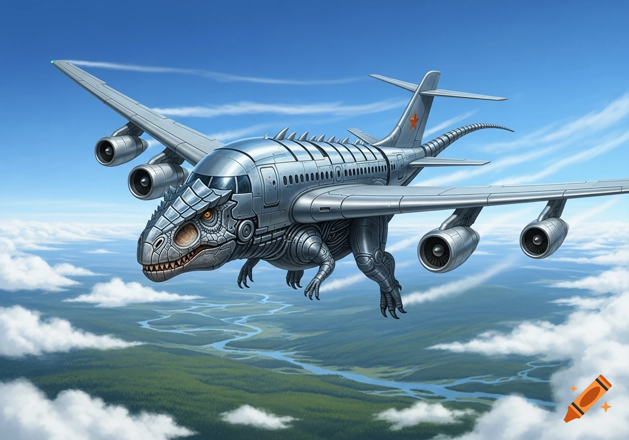 A silver dinosaur-airplane hybrid with mechanical features flies high above a lush green landscape with a winding river under a blue sky.