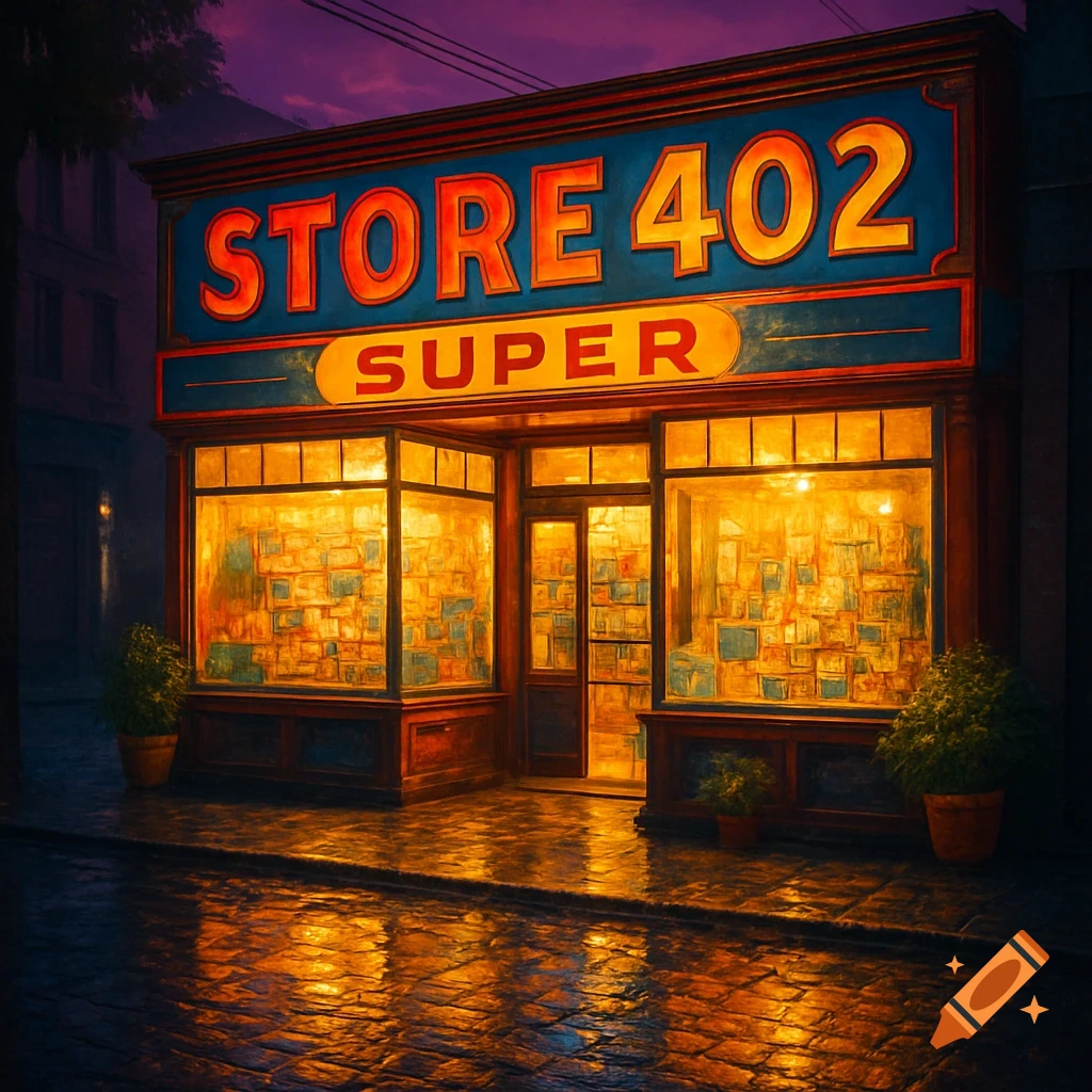 A vibrant, illuminated storefront with "STORE 402 SUPER" signs, reflecting on a wet street at dusk, in a stylized art style.