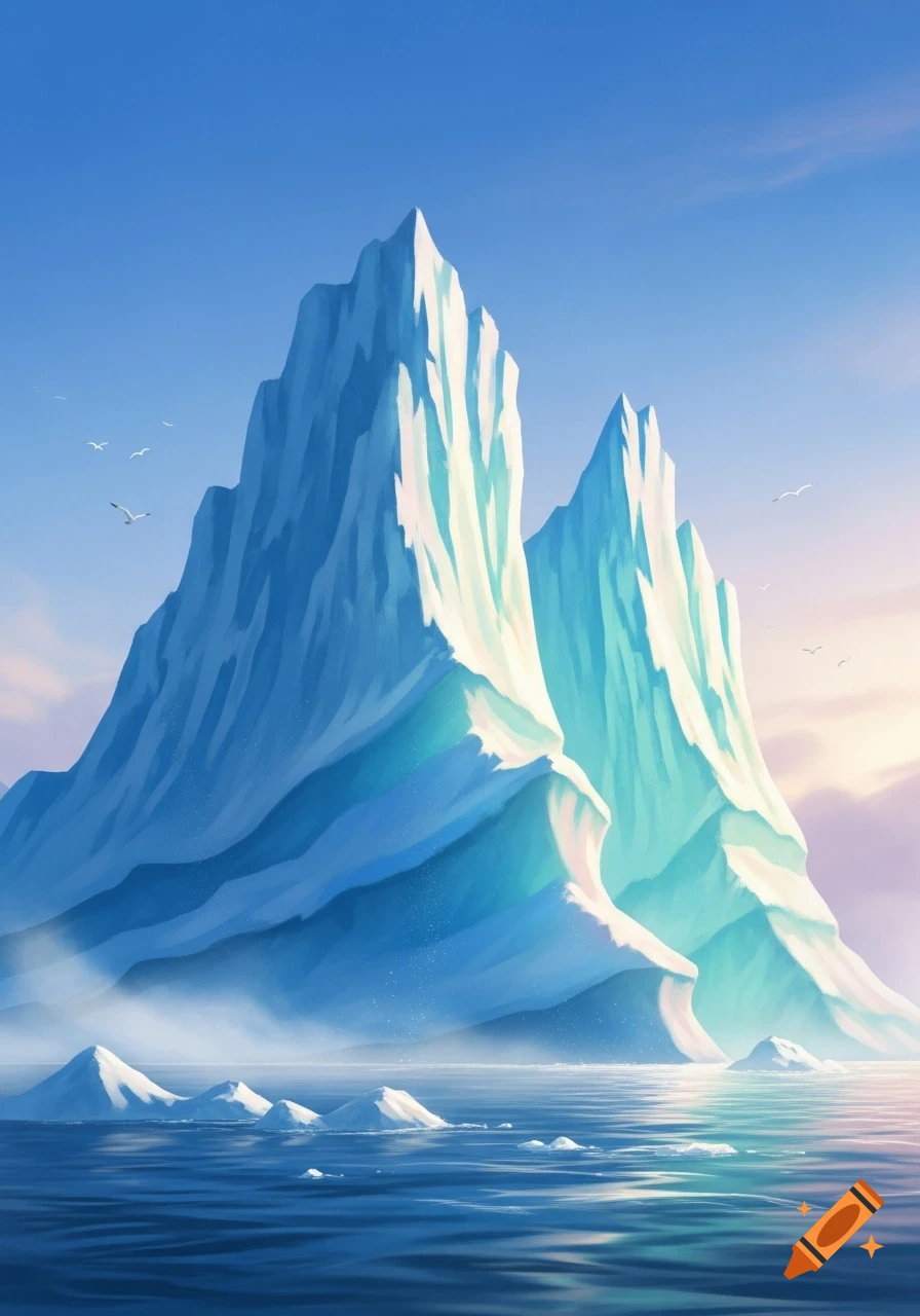 A vibrant digital illustration of large blue and white icebergs in a calm ocean under a clear blue sky, with small birds flying.