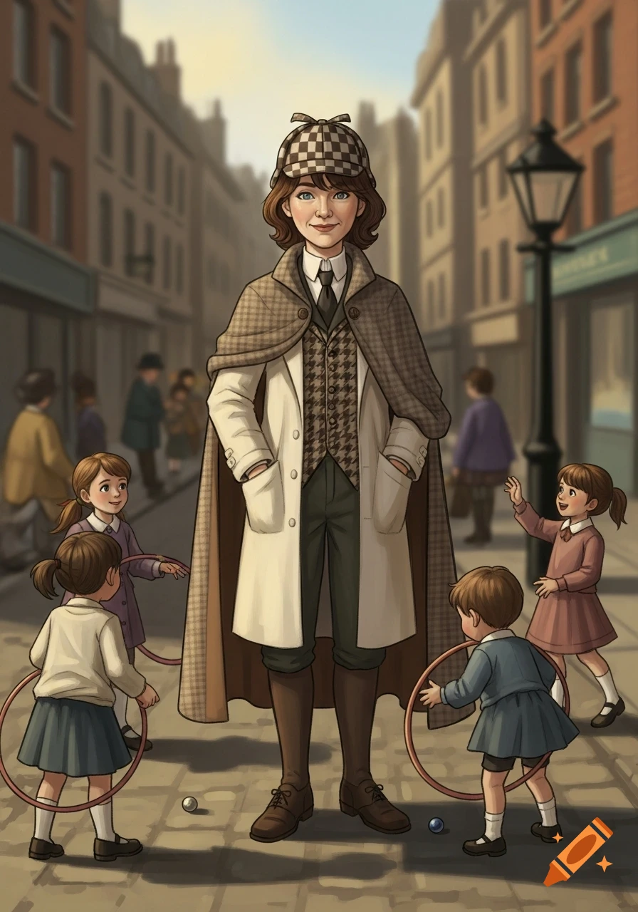An illustrated woman dressed as Sherlock Holmes stands on a street with children playing around her.