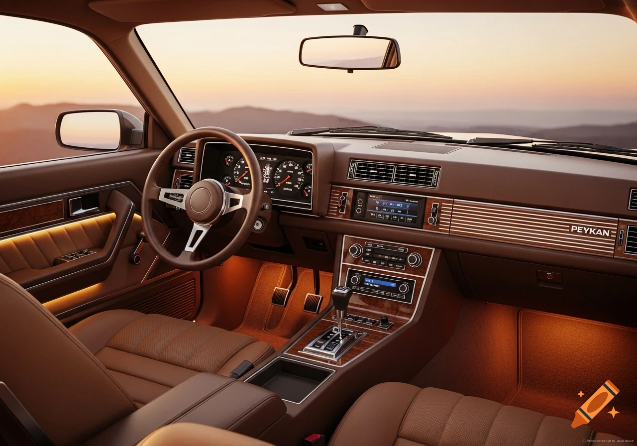 Photorealistic interior of a brown 1980s car with leather seats, wood trim, detailed dashboard, and a sunset outside.
