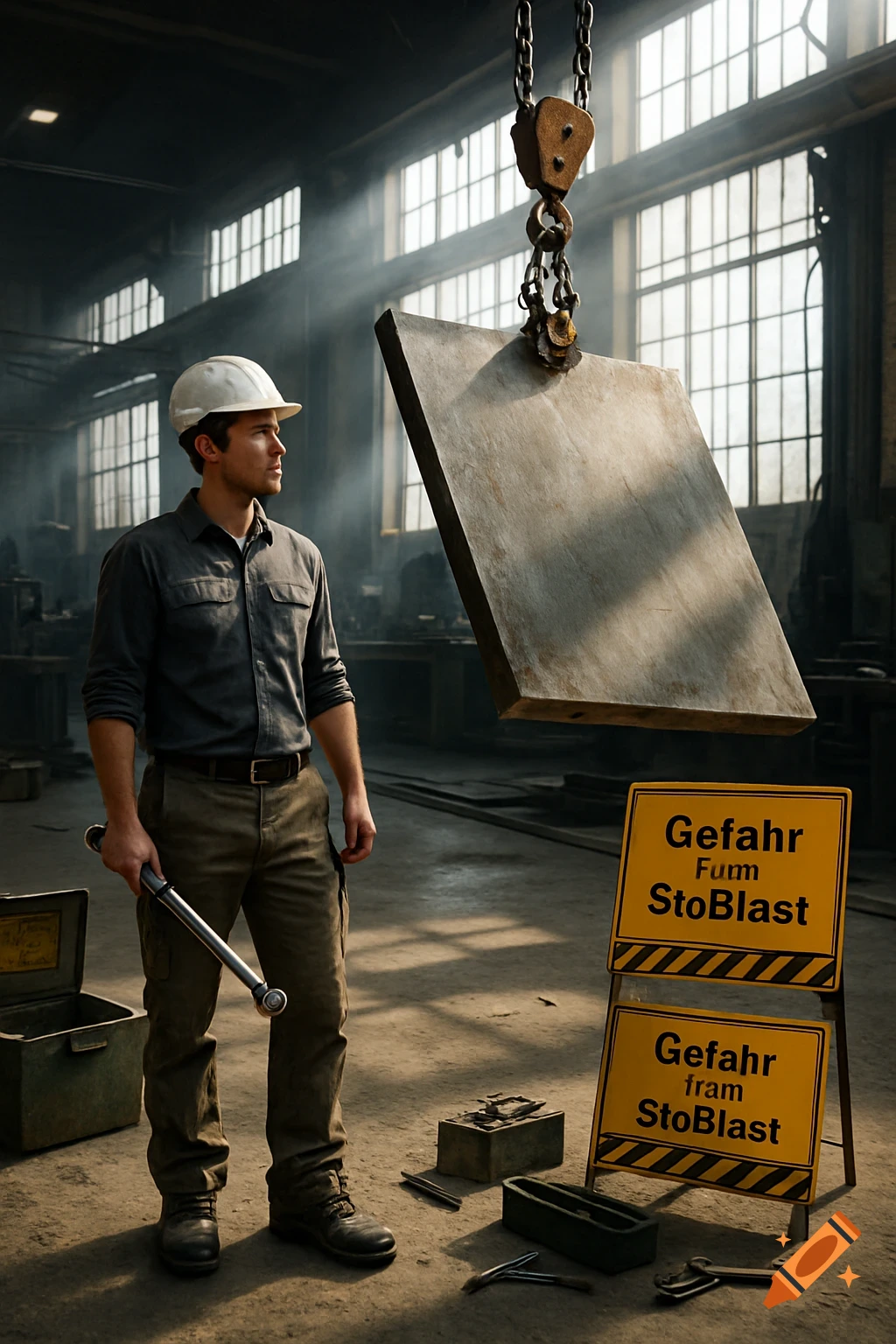 A photorealistic image of a factory technician holding a torque wrench under a suspended metal plate in an industrial workshop.