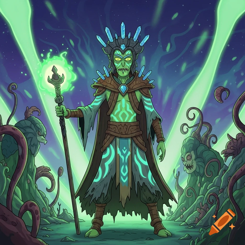 A Rick and Morty style alien leader with green skin, crystal crown, and glowing staff, standing in a swampy alien landscape.