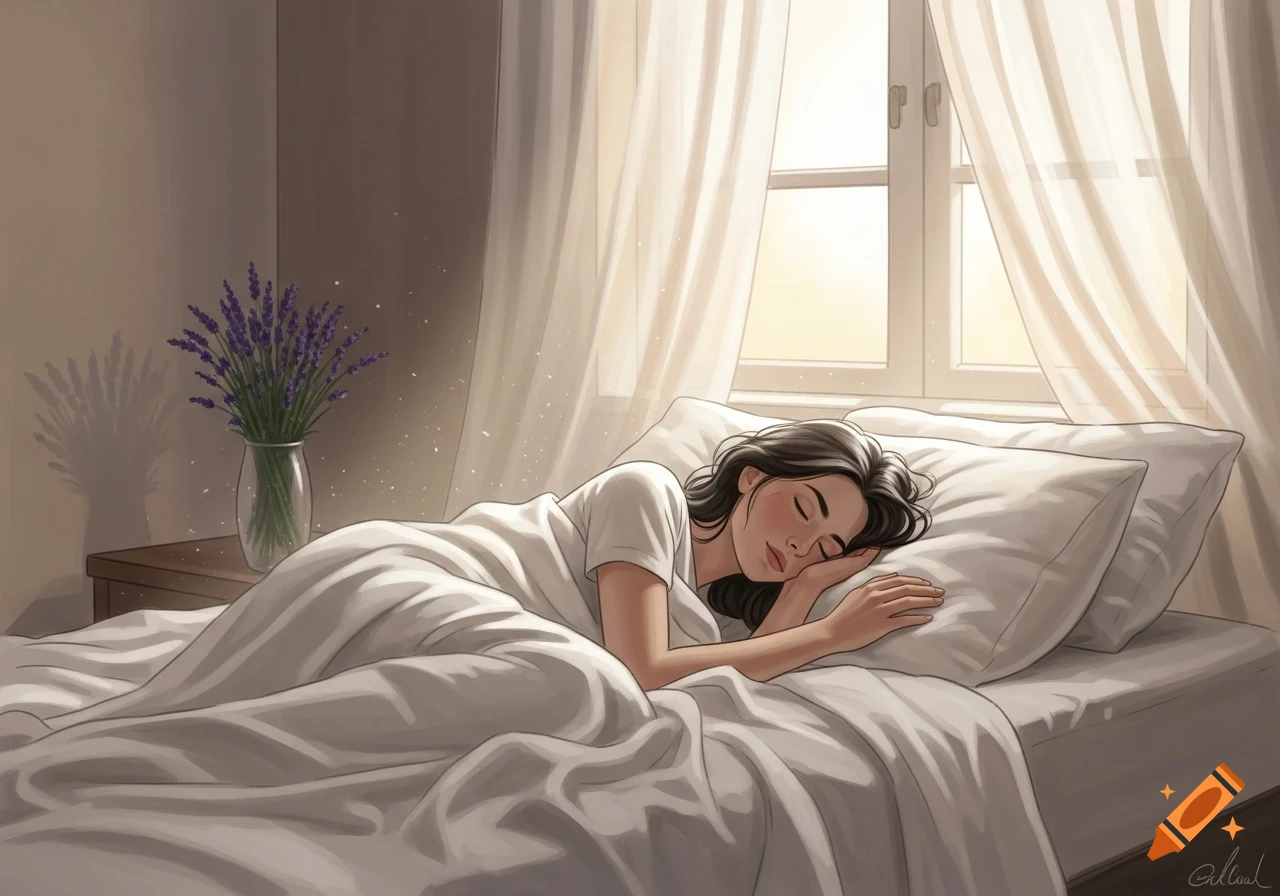 A digital illustration of a woman with dark hair sleeping peacefully in a sunlit bed next to a vase of lavender.