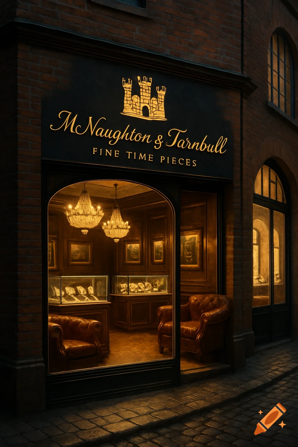 Luxury watch store 'McNaughton & Turnbull' with a golden castle logo on a brick building at dusk, illuminated interior, chandeliers.