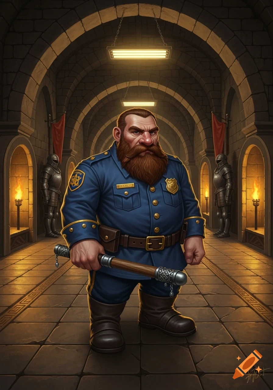 A dwarf security guard in a blue uniform with a beard holds a baton in a stone arched hallway with torches and suits of armor.