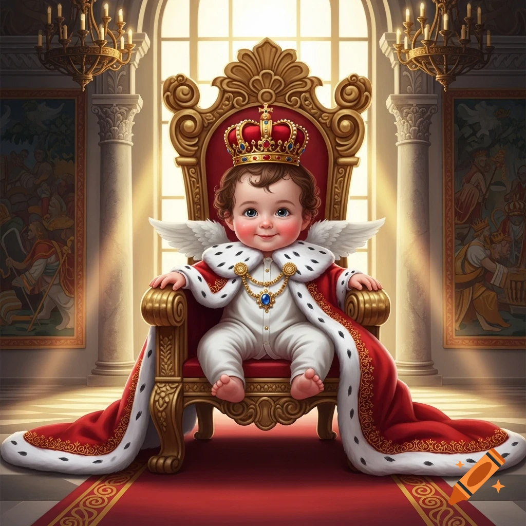 A cute baby king with a crown and red royal robe, complete with small white wings, sits on an ornate golden throne in a grand hall.