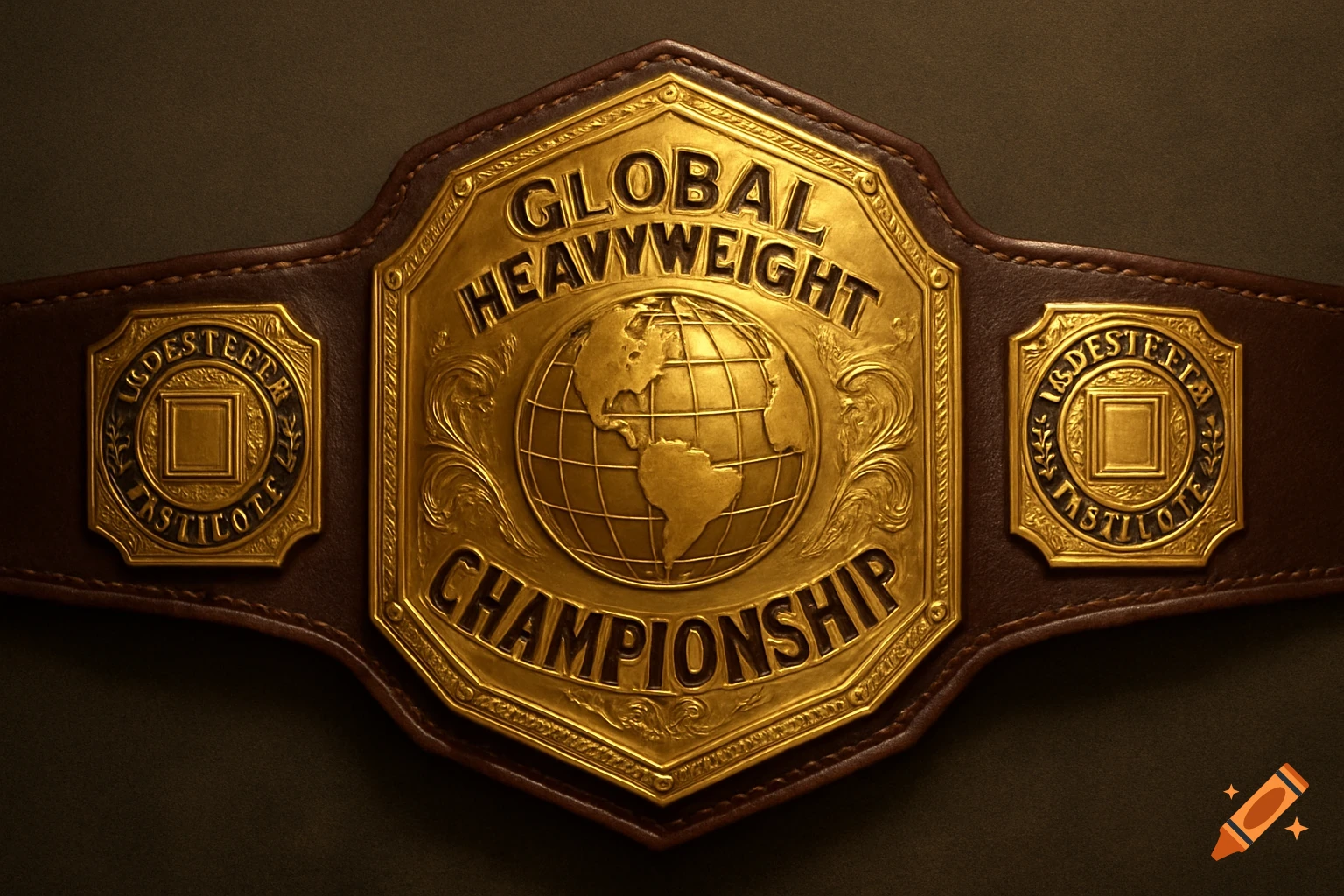 A close-up of a brown leather wrestling championship belt with a large golden main plate featuring a globe, 'GLOBAL HEAVYWEIGHT CHAMPIONSHIP' text, and two smaller golden side plates.
