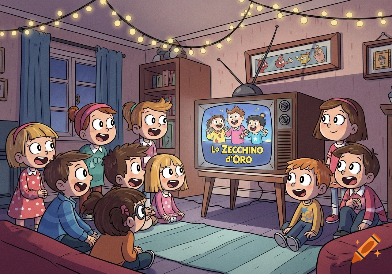 A group of cheerful cartoon children excitedly watch 'Lo Zecchino D'Oro' on an old television in a cozy room with string lights.