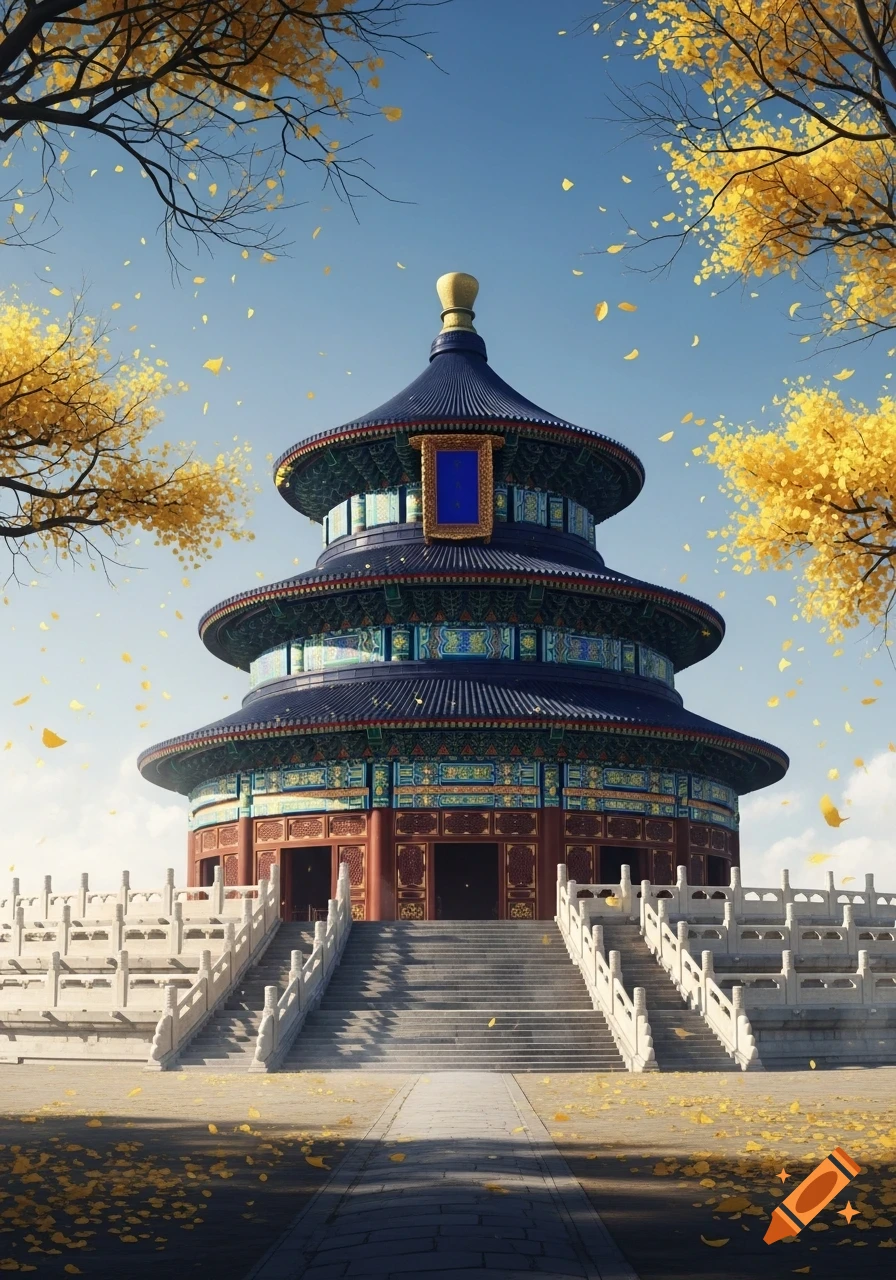 The Temple of Heaven, a majestic blue-roofed pagoda, stands centered under a clear sky, surrounded by golden autumn trees with falling yellow leaves.