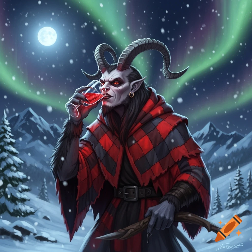 A horned, Krampus-like creature with red eyes drinks red liquid from a glass in a snowy mountain landscape under a full moon and aurora borealis, in an artistic style.