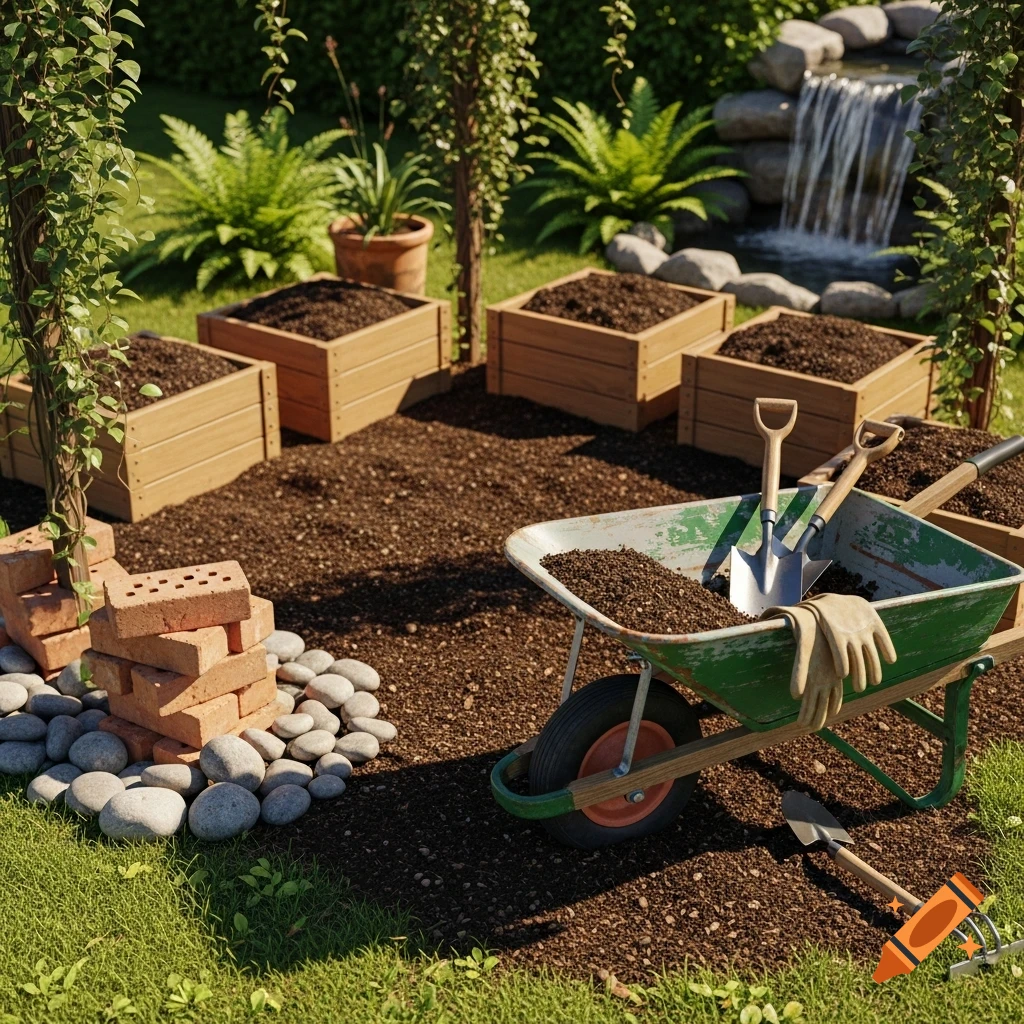 A realistic garden scene with wooden planters, a wheelbarrow full of soil and tools, bricks, and a waterfall in the background.