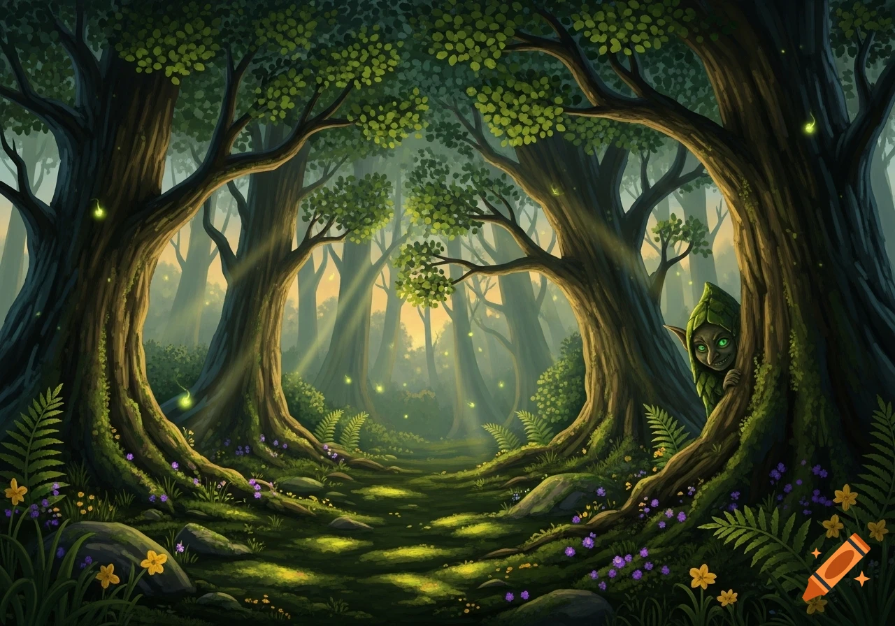 A whimsical fantasy forest path with sunbeams, glowing lights, and a green goblin peeking from behind a tree.
