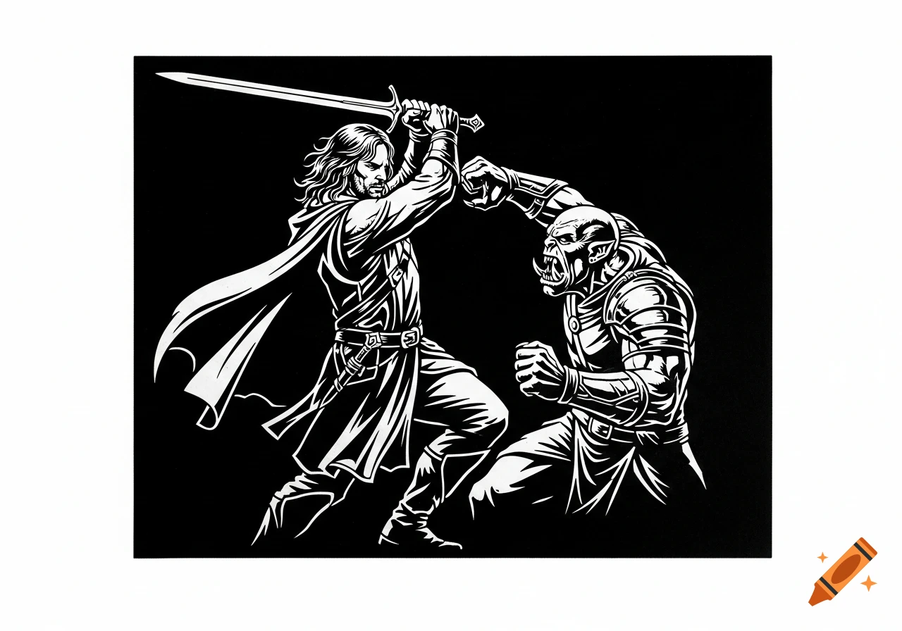 White on black stencil art of a warrior with a sword fighting an armored orc.
