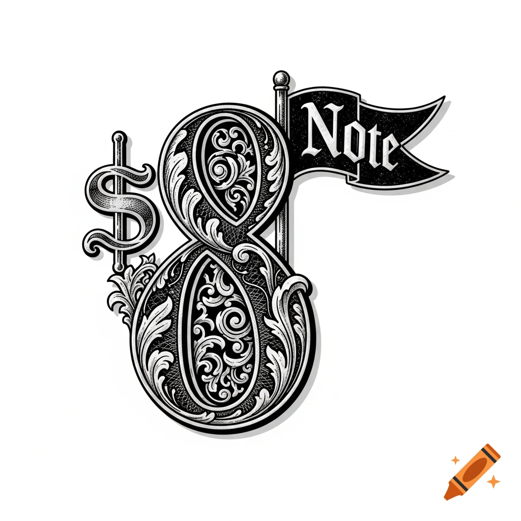 An intricate black and white illustration of a stylized number '8' with scrollwork, a dollar sign, and a flag pole holding a banner with the word 'Note' in an Old English font.