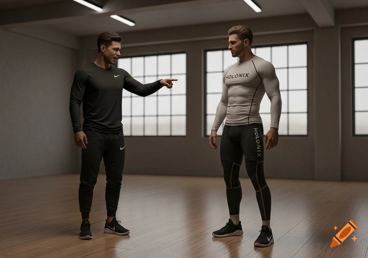Two muscular men in athletic wear stand in a gym, one in black Nike gear pointing at the other in grey and black Holonix compression wear.