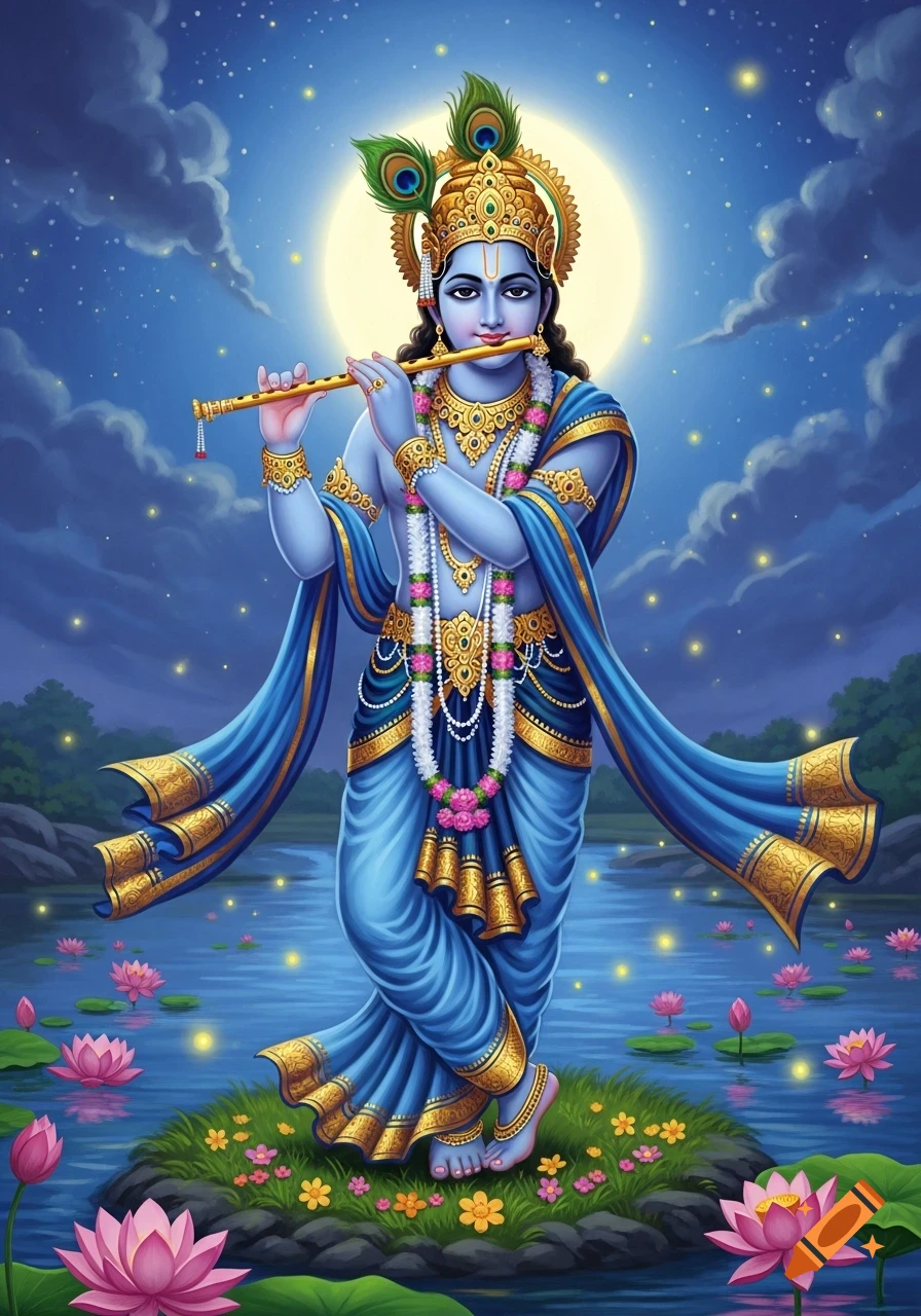 Lord Krishna, blue-skinned and adorned in gold, plays a flute on a small island amidst lotus flowers under a full moon and starry night.