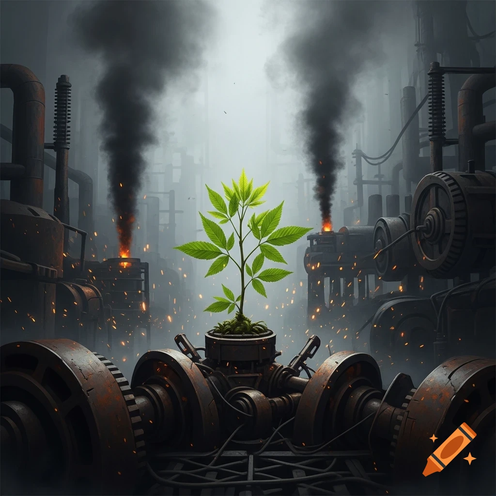 A vibrant green plant grows from rusty industrial machinery in a dark, smoky factory, with sparks.
