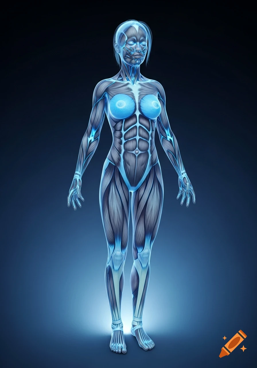 A full-body 3D anatomical female figure with glowing blue holographic muscles stands against a dark background.