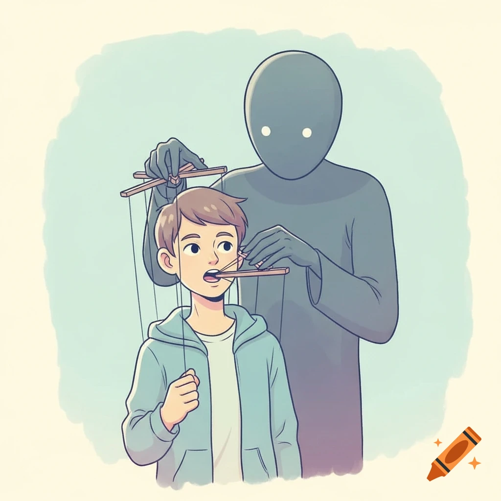A cartoon drawing shows a shadowy figure behind a boy, manipulating his mouth with puppet strings.