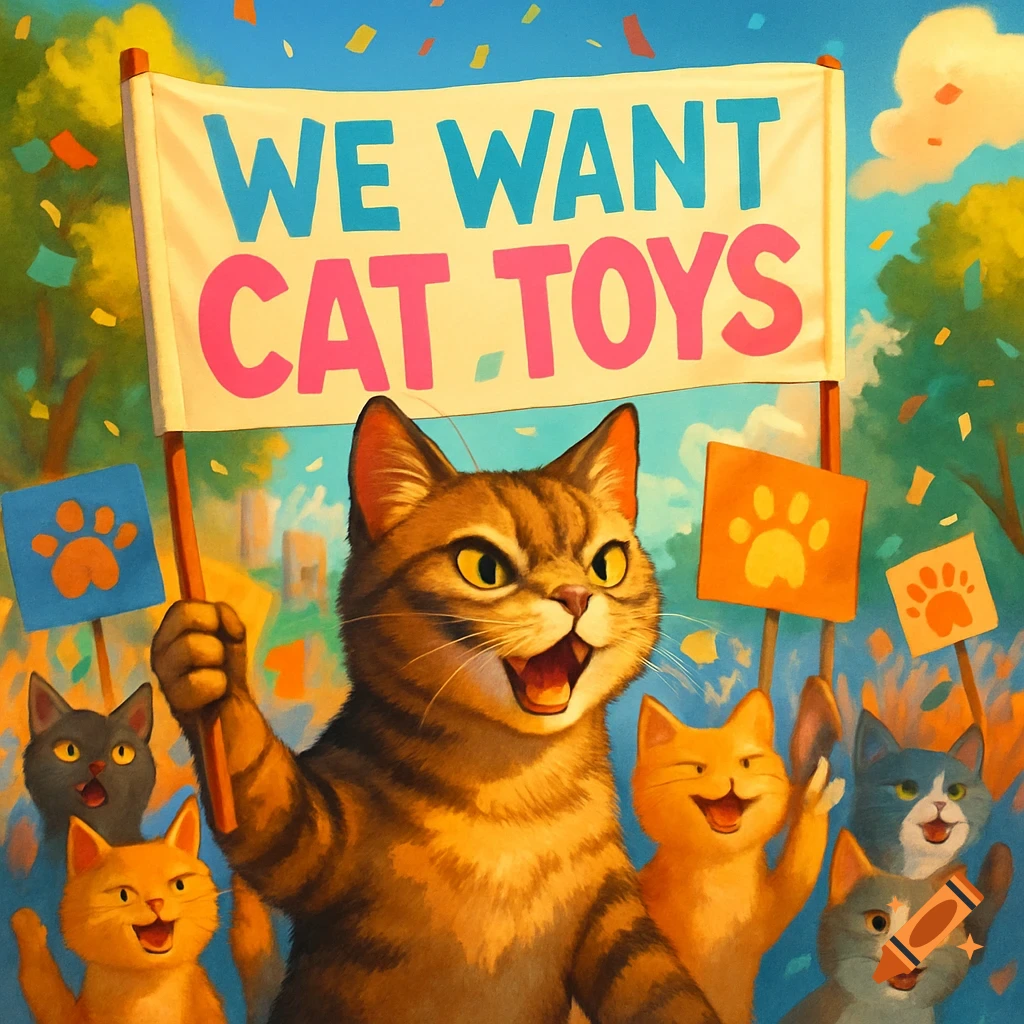 A group of cheerful cartoon cats protest, holding a banner that reads 'WE WANT CAT TOYS' under falling confetti.