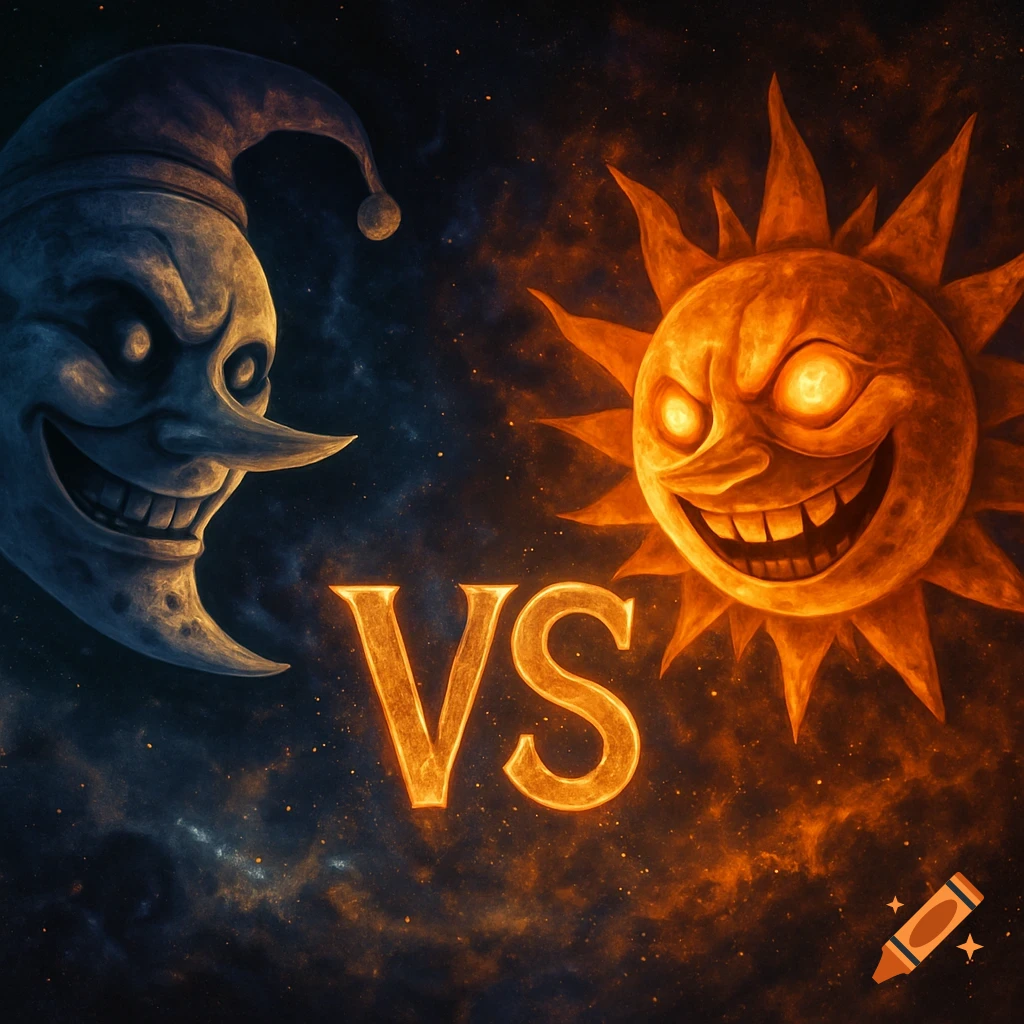 Stylized illustration of the FNaF Moon character on the left and Sun character on the right, with 'VS' in between, against a dark starry sky.
