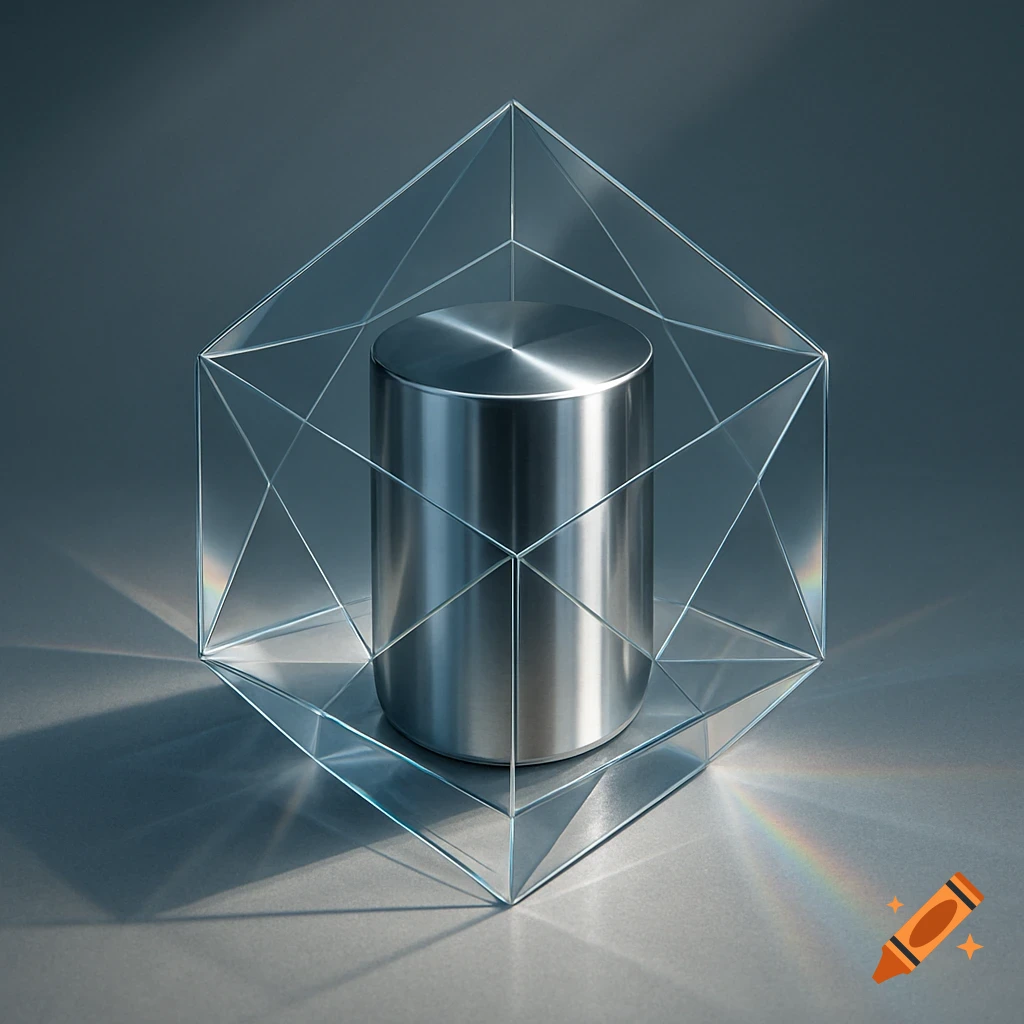 A metallic cylinder enclosed within a transparent, intricate geometric octahedron, casting reflections on a gray surface.
