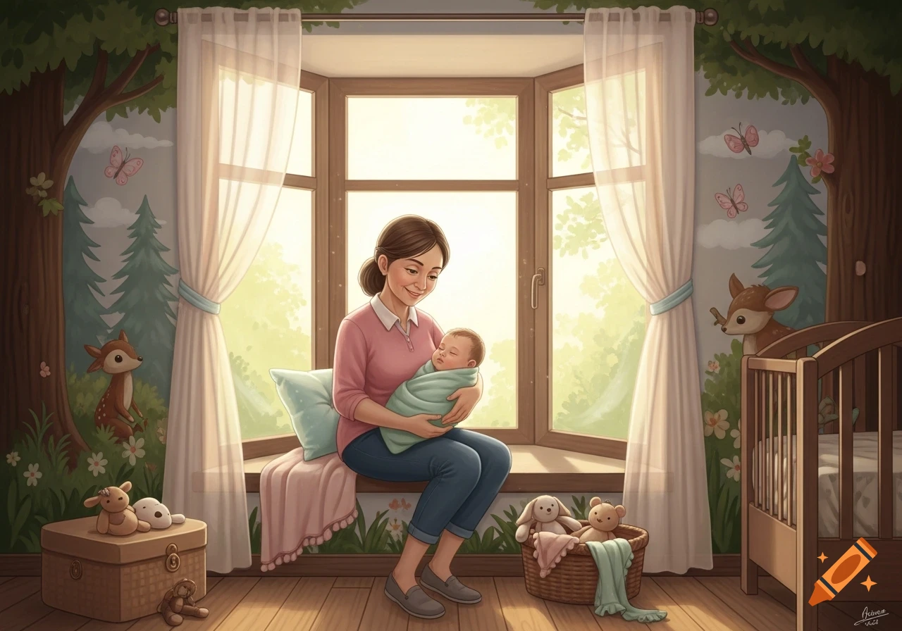 A mother smiles while holding her sleeping baby in a cozy, nature-themed nursery with a bay window.