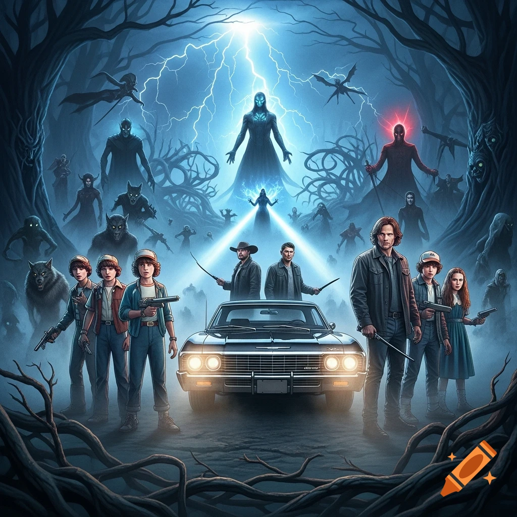 A dark fantasy crossover image featuring characters from Stranger Things and Supernatural, surrounded by monsters and a classic car under a lightning sky.
