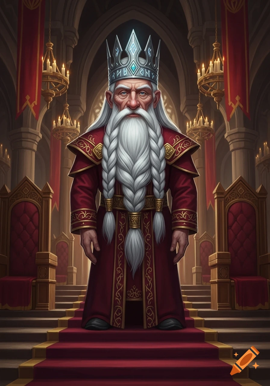 A majestic dwarf king with a long white braided beard and crown stands on a red carpet in a grand throne room, digital art.