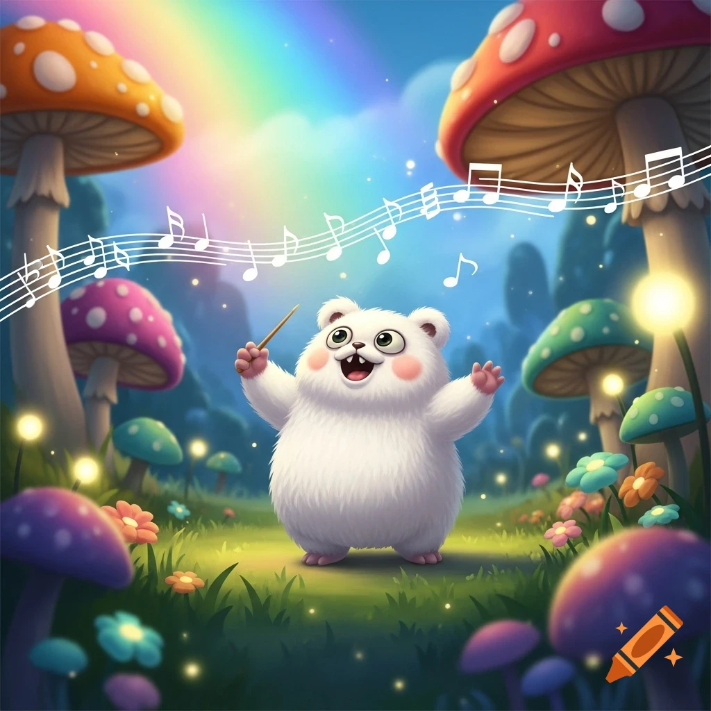 A fluffy white creature conducts music notes in a vibrant mushroom forest with a rainbow.